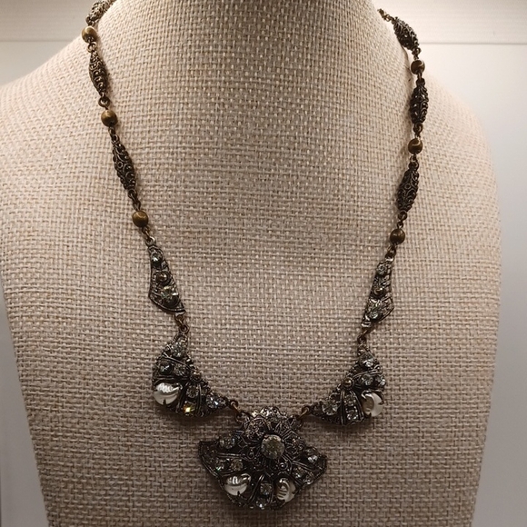 West Germany Jewelry - Western Germany Clear Rhinestone and Filigree Pearl Necklace